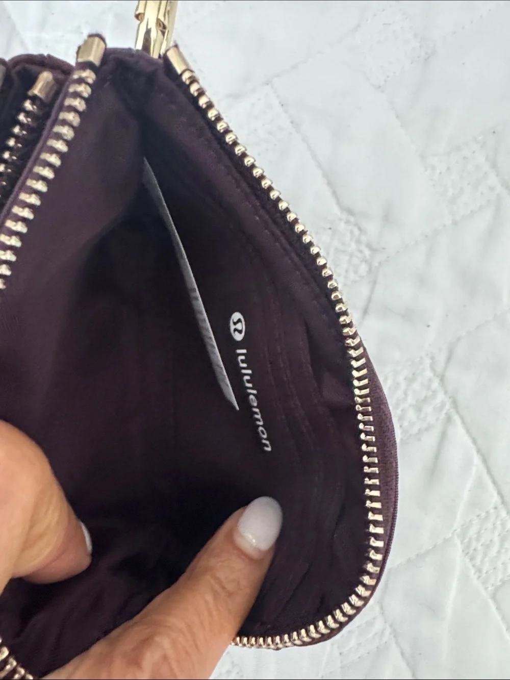 lululemon athletica burgundy key & card holder with gold logo